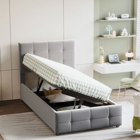 Cama infantil 90x200 cm gris tapizada en terciopelo con almacenaje hidráulico (1/5)