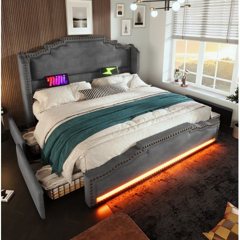 Letto imbottito vintage 180x200 cm in velluto grigio con testiera, 4 cassetti, LED, USB-C e rete a doghe (1/5)