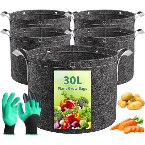 Set mit 5 Pflanzsäcken à 30 Liter, atmungsaktives Vliesmaterial, mit verstärkten Griffen und Handschuhen, für Gemüse und Blumen (1/5)