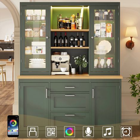 Küchenschrank mit App-gesteuerter LED-Beleuchtung, 185x140x40cm, 3 Schubladen, Arbeitsplatte, verstellbare Böden,Grün