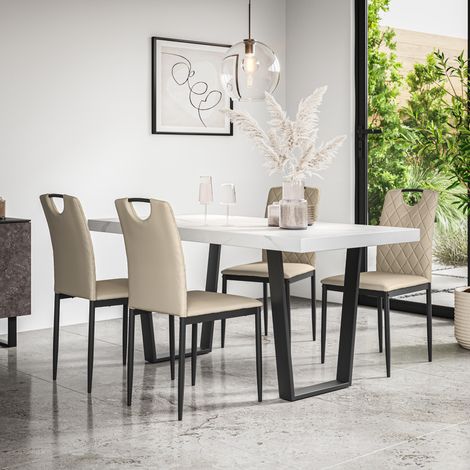 Aria Dining Table And Chairs -  White Marble Effect Table Top w Black Legs + Monza Faux Leather Dining Chair Set Of 6 (Beige) (1/5)