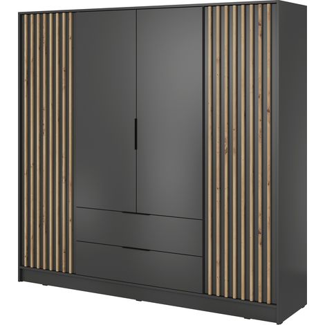Kleiderschrank 200 cm Fioro - Schrank vom Hersteller, Schlafzimmerschrank - Drehtürenschrank mit Lamellen, 4 Tür (Graphit)