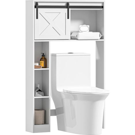 Meuble de rangement au-dessus des toilettes avec porte coulissante, Meuble étagère dessus WC, étagère réglable, blanc (1/5)