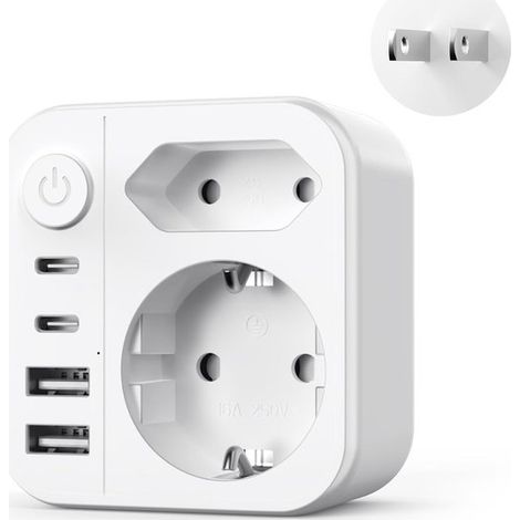 6-in-1 Reiseadapter – Universalstecker – Lädt mehrere Geräte – Mit Ein-/Ausschalter – 7 x 7 x 4 cm – Weiß (1/5)