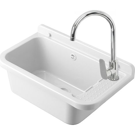 Lavatoio in resina 60x34 bianco con miscelatore a canna alta inox e scarico incluso