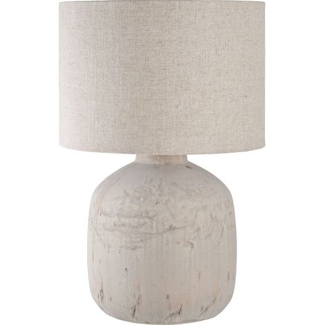 Lampada da tavolo Bilby in ceramica beige con paralume in lino