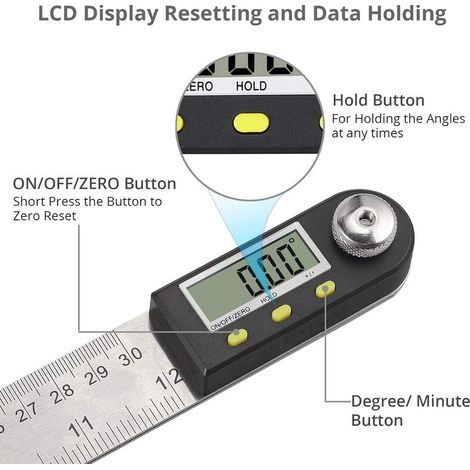 Rapporteur d'Angle Numérique 300mm Numérique Angle Finder Rapporteur Numérique en Acier Inoxydable avec Affichage LCD HOLD/ZERO Button Mesure de Longueur/Angle pour Menuiserie,Construction