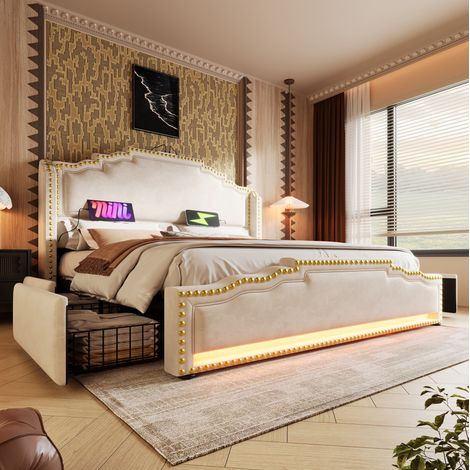 Letto matrimoniale 140x200 cm con 4 cassetti, LED, porte USB e USB-C, in velluto beige, senza materasso (1/5)