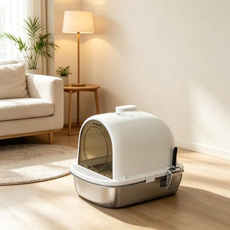 Litière fermée en inox 201 pour chat, anti-odeurs, avec pelle, facile à nettoyer (1/5)