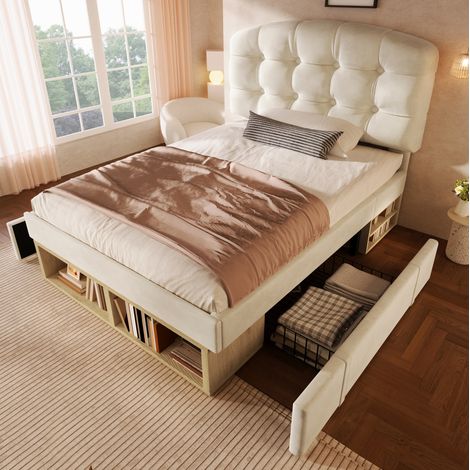 Lit simple 90x200 cm avec tête de lit réglable et tiroirs, en velours beige, sans matelas (1/5)