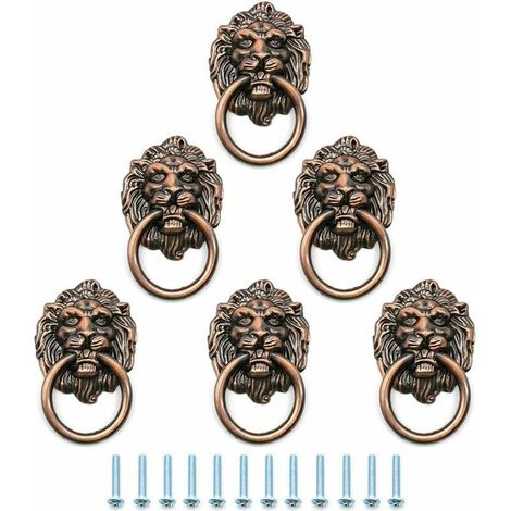Poignée De Tiroir - Tête De Lion En Alliage De Zinc - Style Antique Bronze - 66 X 41 Mm - Pour Armoire Tiroir Commode Porte - Lot De 6 (1/5)