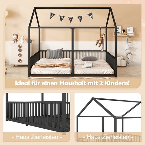 Lit enfant en métal 90 x 200 cm sans matelas – lit double avec barrière de sécurité, échelle et design maison – cadre fer noir (1/4)
