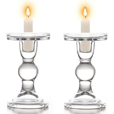 Bougeoirs en Verre - Lot de 2 - Transparent Moderne - Support Bougie Pilier - Décoration Mariage Fête - Hauteur 14 cm (1/5)