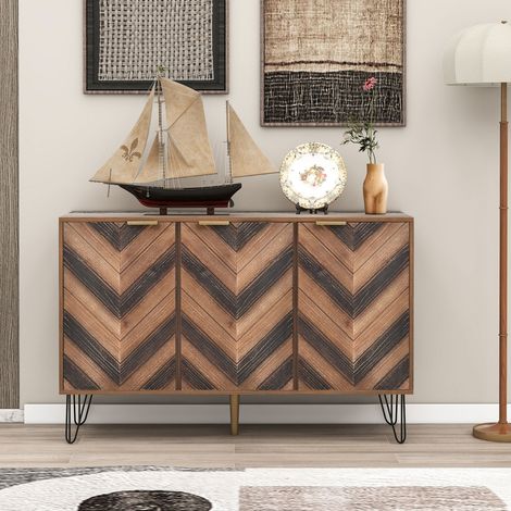 Buffet Bas Style Industriel Bois Foncé et Noir 120cm - Enfilade de Salon Chic avec 3 Portes à Motif Chevrons en Relief, Étagères et Pieds Épingles Métal - 120x38x76,5cm (1/4)