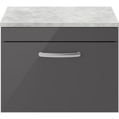 Millwich Contemporary 1 Drawer Wall Hung Vanity Unit with Laminate Black Galaxy Granite Worktop, Gloss Grey, 600mm