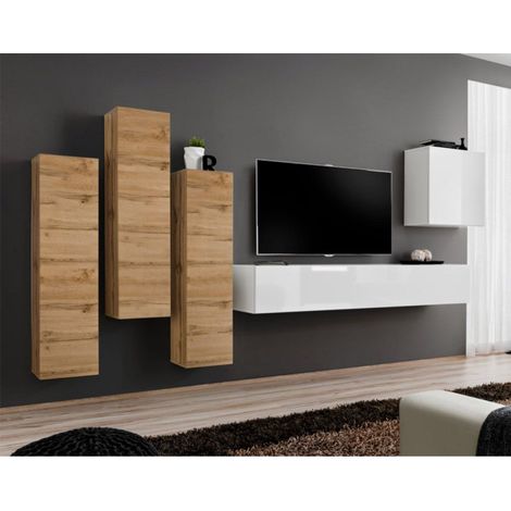 Meuble TV Mural Design "Switch III" 330cm Naturel & Blanc (1/4)