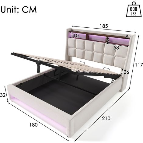 Lit double 180x200 cm, sommier à lattes métallique intégré, tête de lit rembourrée avec ports USB, cadre en lin, sans matelas (1/4)