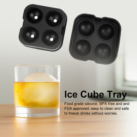 Moule à glaçons ronds en silicone à 4 cavités, noir, idéal pour whisky, cocktails et autres boissons. (1/5)