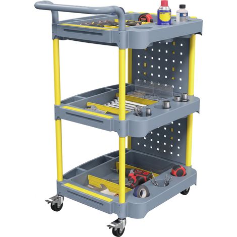 HOMCOM Carrello Porta Attrezzi a 3 Ripiani, Pannello Forato, Grigio e Giallo (1/5)