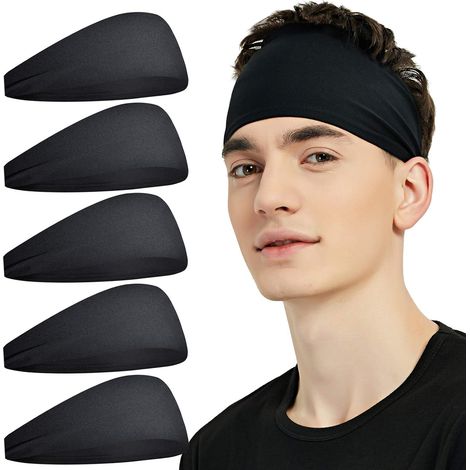 Cintas para la cabeza deportivas para hombre (paquete de 5), transpirables, ideales para correr, ciclismo, fútbol y yoga. Cintas unisex (negras). (1/5)