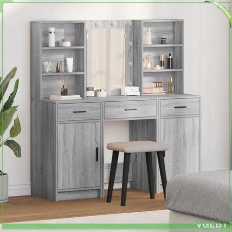 Ensemble de coiffeuse 3 pcs - Sonoma gris - Miroir LED tactile - Bois d'ingénierie - 6 étagères & tiroir (1/5)