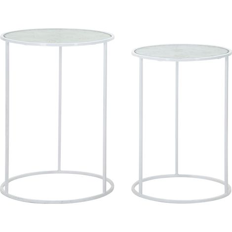 Tavolinetti Bianco Harts Coppia Ø43x60-38x55 cm in Ferro e Vetro Bianco