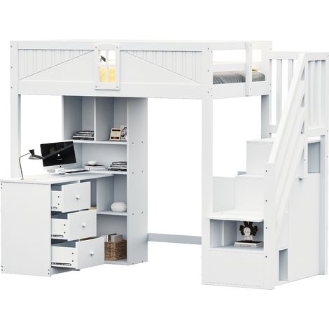Hochbett 90 x 200 cm mit Schreibtisch, Schubladen und Stauraum, weiß, MODENUIT (1/5)