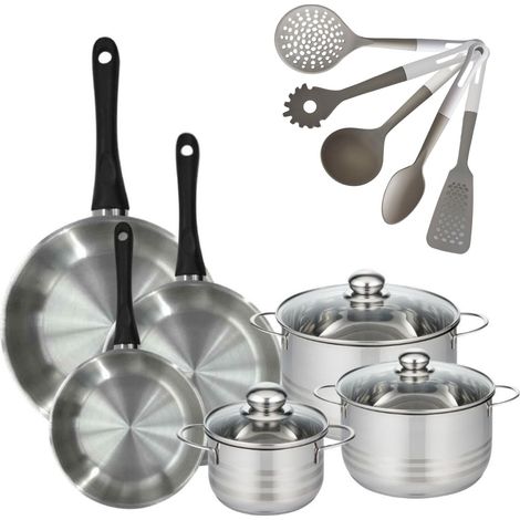 Lot 3 Poêles Inox 20/24/28cm  Fackelmann Geneva & 3 Faitouts 16/20/24cm avec 5 Ustensiles Fackelmann