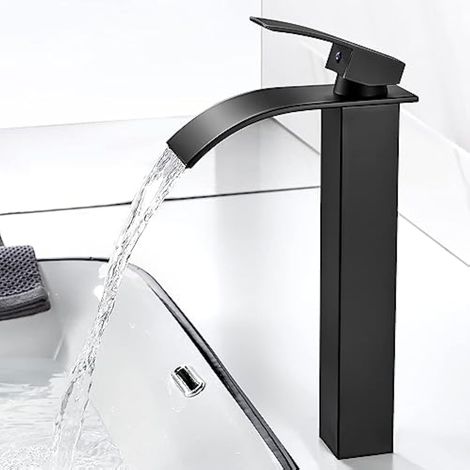 CCYKXA Wasserfall-Badezimmerarmatur, moderner schwarzer Waschtischarmatur, Waschtischmischbatterie mit Auslaufhöhe 237 mm, quadratischer Messinghahn, Warm- und Kaltwasser verfügbar, G 3/8