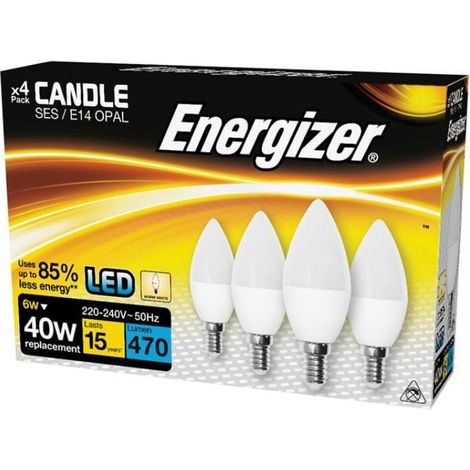 Energizer® S14330 LED SES (E14) Opal Candle Non-Dimmable Bulb, Warm White 470 lm 5.2W (Pack 4) ENGS14330