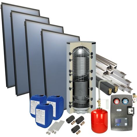 Le Sanitaire – Set solaire 4Plus toit plat 800 litres – Ballon d'eau fraîche avec échangeur – 4 capteurs à plaques plates – Station solaire avec circulateur