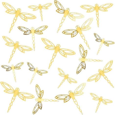 Lot de 60 autocollants muraux libellules 3D en papier doré, 3 tailles différentes, pour décoration murale, jardin, intérieur et extérieur, clôture. (1/5)