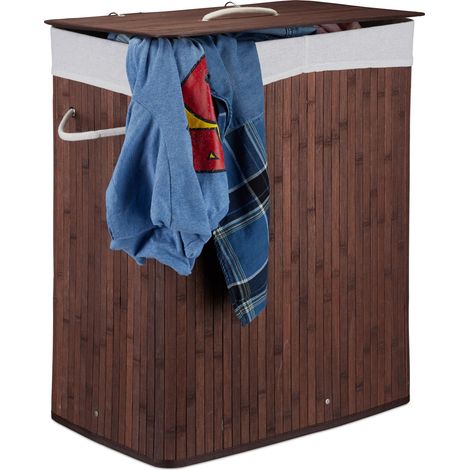 Relaxdays Cesto Ropa Sucia con Tapa y 2 Compartimentos, Cubo Colada Plegable, Canasta, Bambú, 95 L, Marrón