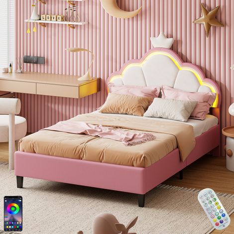 Letto Singolo 90x200 cm, con LED, Testata a Forma di Corona Regolabile, APP, Rete a Doghe in Legno, Letto Principe Imbottito in Velluto - Rosa
