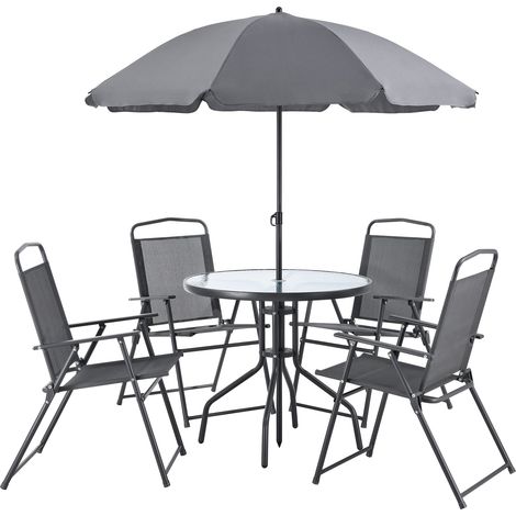 Muebles de jardín de 4 plazas con sombrilla de cristal negro gris oscuro. (1/5)
