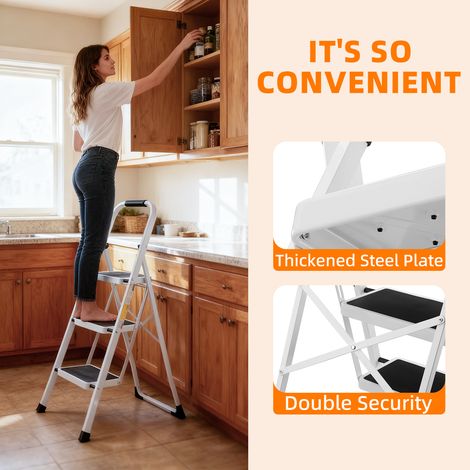Échelle 3 marches pliante robuste,pédale antidérapante et rampe. Capacité 330 lbs pour cuisine et usage familial.