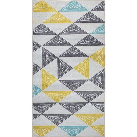 Tapis Rectangulaire Gris Jaune Vert et Blanc en Polyester aux Motifs Triangulaires pour Chambre ou Salon Moderne Scandinave 80 x 150 cm (1/5)
