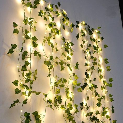Cordon lumineux LED en forme de vigne de lierre blanc chaud, 10 mètres, 100 lumières, support de batterie avec 8 modes d'éclairage, éclairage décoratif de feuilles vertes pour une utilisation intérieu (1/5)