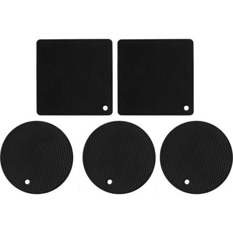 Lot de 5 dessous de plat en silicone, carrés et ronds, alvéolés, antidérapants et résistants à la chaleur, pour plaques de cuisson, poêles et casseroles, noirs.
