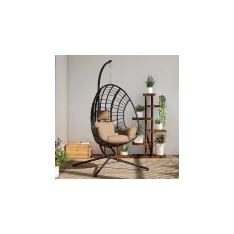 Chaise suspendue en forme d'œuf et support taupe rotin et acier (1/5)