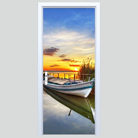 Adesivo per porta in tessuto con barca sul lago 086PD