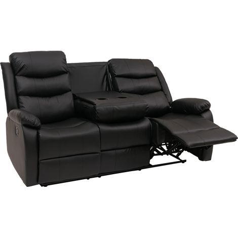 Poltrona cinema 3 posti HHG-425, sedia relax TV con braccioli portabicchieri, funzione reclinabile ecopelle, nero