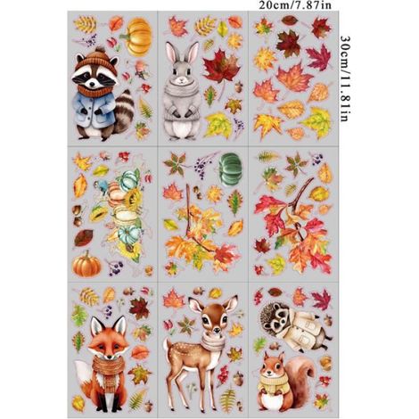 Stickers Fenetre Animaux Forêt - Autocollant Automne Érable Feuilles - Arbre Branche Renard Écureuil Electrostatique Anti-Stickers (1/5)