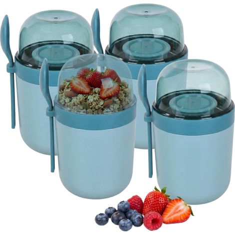 Relaxdays Muesli Cups to Go, 4-pack, 3-compartment, incl. spoon, leak-proof, 400/280 ml, microwave-safe, blue (1/5)