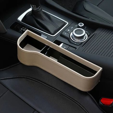 (Beige gauche) Organisateur de siège auto en cuir, boîte de rangement étanche avec porte-gobelet, compatible avec portefeuille, téléphone, pièces de monnaie, clés et cartes. (1/5)