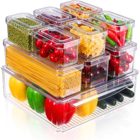 Boîte de rangement pour réfrigérateur,lot de 10,organisateur de cuisine empilable,organisateur de réfrigérateur.Convient pour le réfrigérateur,la cuisine,le tri au bureau,sans BPA