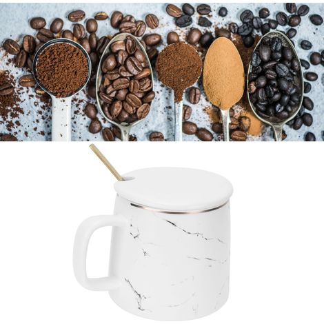 Mug en céramique à motif marbre, avec cuillère et couvercle, idéal pour la maison, les voyages, le bureau et les activités de plein air (blanc). (1/5)