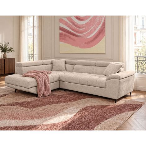 Camille - canapé d'angle gauche 5 places convertible avec têtières et coffre en velours texturé - beige (1/5)