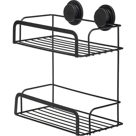 Croydex Adhesive Shower Caddy, Stick 'n' Lock 2 Tier Cosmetic Basket, Matt Black (1/5)