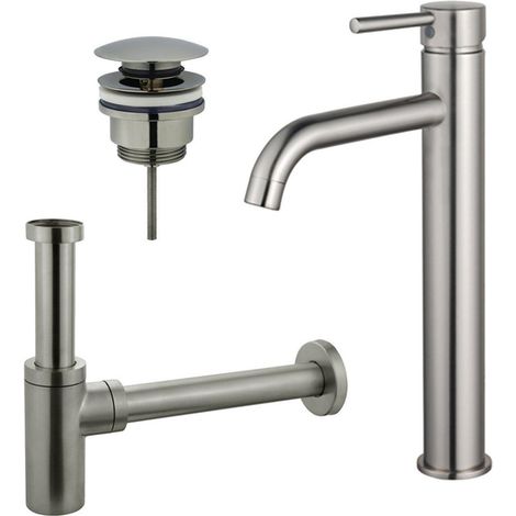 FugaFlow Eccelente Sobrado Kit mitigeur lavabo - robinet rehaussé - bonde clic clac - siphon design - PVD Inox brossé (1/4)